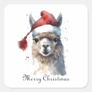 Christmas Llama Watercolor Santa Hat Custom Text Square Sticker