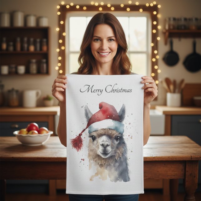 Christmas Llama Watercolor Santa Hat Custom Text Tea Towel (Creator Uploaded)