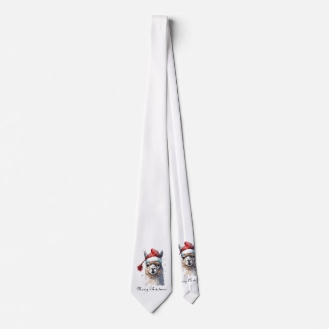 Christmas Llama Watercolor Santa Hat Custom Text Tie (Front)