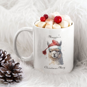 Christmas Llama Watercolor Santa Hat Custom Text Two-Tone Coffee Mug