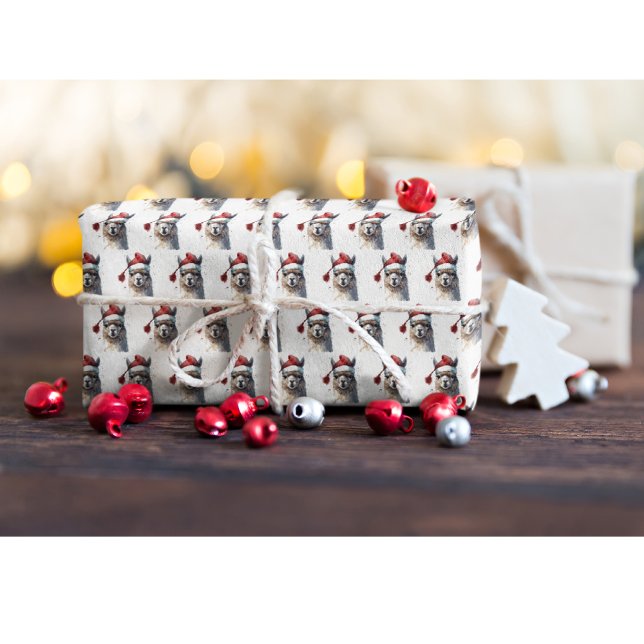Christmas Llama Watercolor Santa Hat Pattern Wrapping Paper (Creator Uploaded)