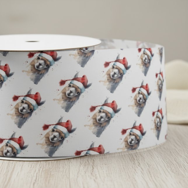 Christmas Llama Watercolor Santa Hat Repeating Pat Satin Ribbon (Creator Uploaded)