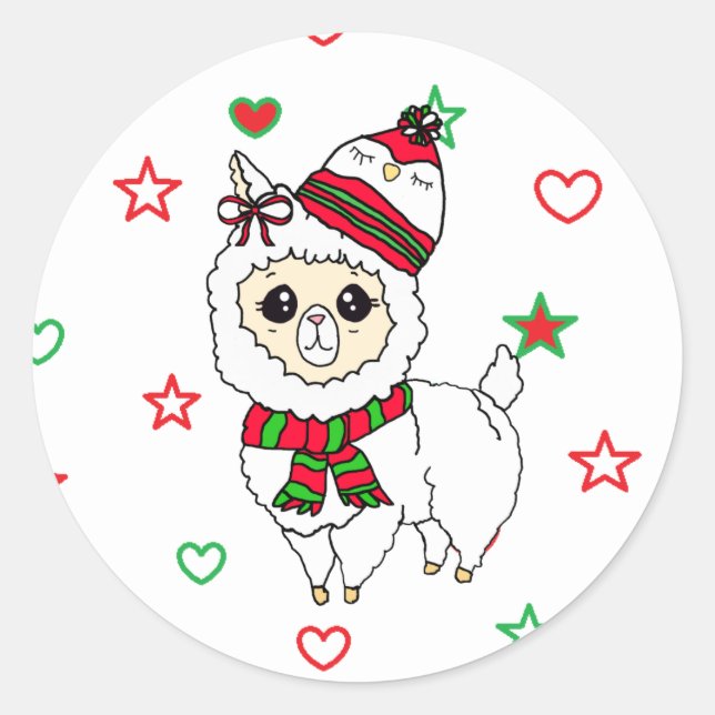 Christmas Llama with Cute Winter Hat Holiday Classic Round Sticker (Front)