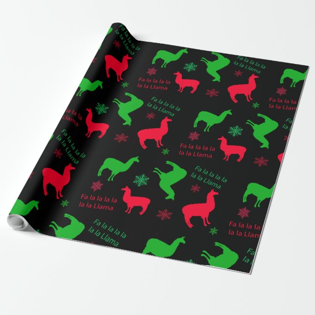 Christmas Llamas and Snowflakes Red and Green Wrapping Paper (Unrolled)
