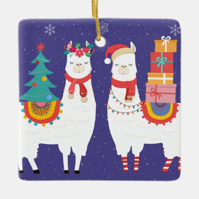 Christmas Llamas Ceramic Ornament (Front)