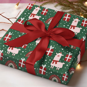 Christmas Llamas Rainbows Gifts Red Green Wrapping Paper