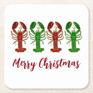 Christmas Lobsters Holiday Square Paper Coaster