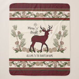 Christmas Lodge Merry Bright Deer Buffalo Plaid Sherpa Blanket