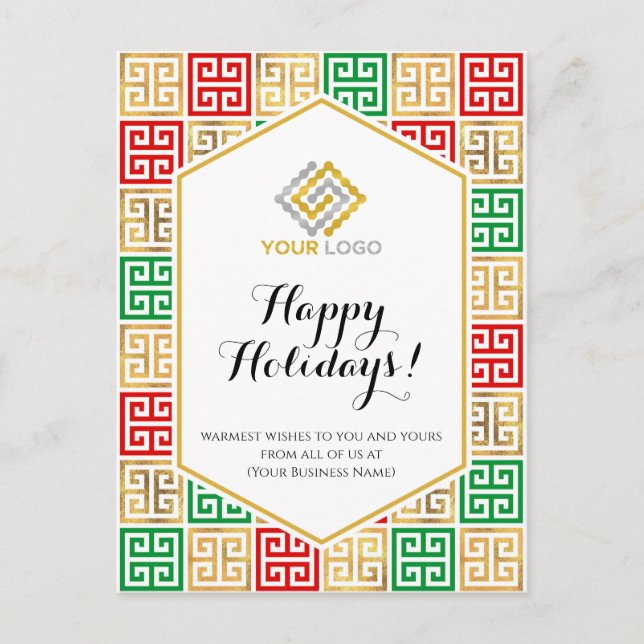 Christmas Logo Red Gold Green Pattern Business Postcard (Front)