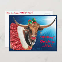 Christmas Longhorn Cow Postcard