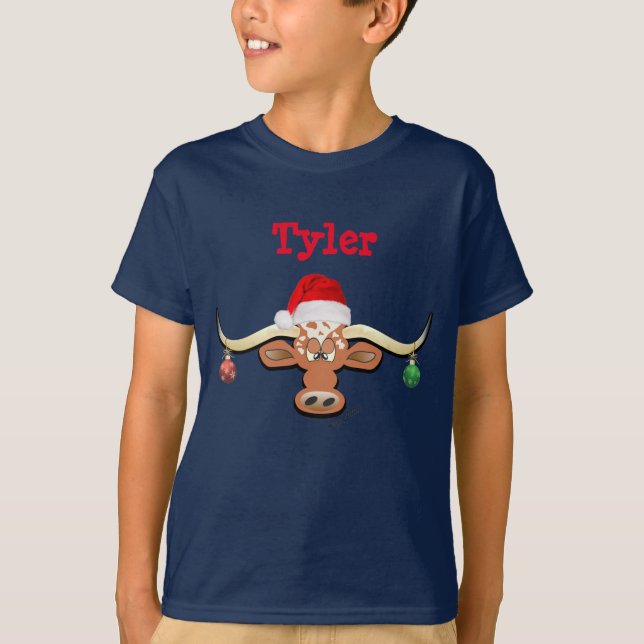 Christmas Longhorn Steer Boy's T-Shirt (Front)