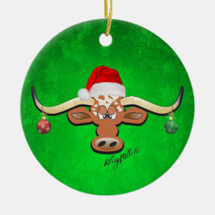 Christmas Longhorn Steer Ceramic Ornament