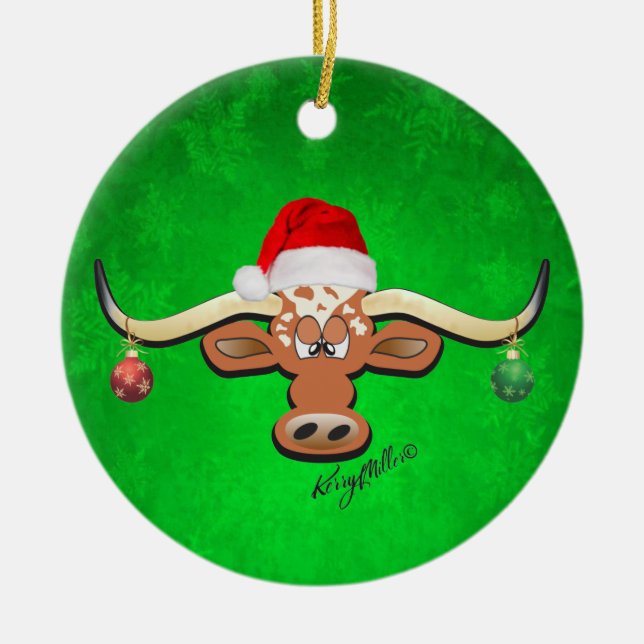 Christmas Longhorn Steer Ceramic Ornament (Front)