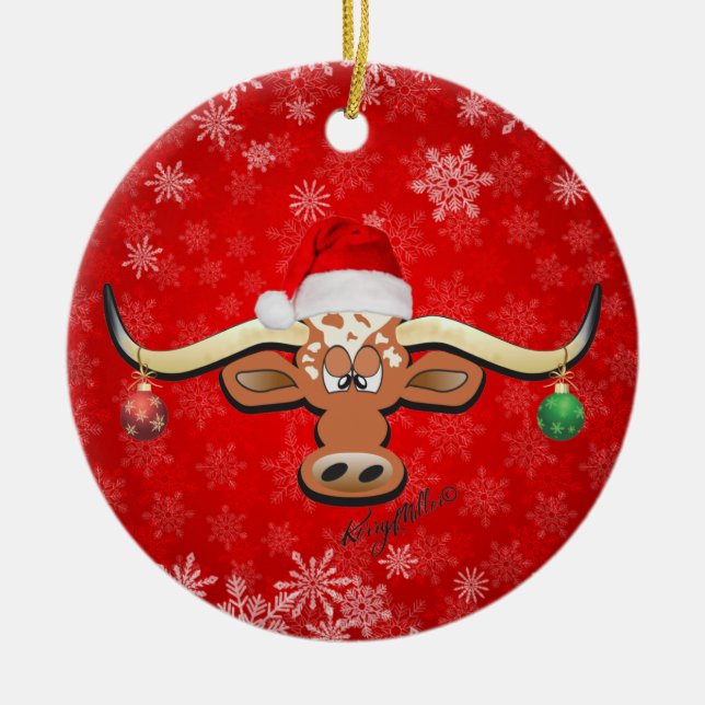 Christmas Longhorn Steer Ceramic Ornament (Front)