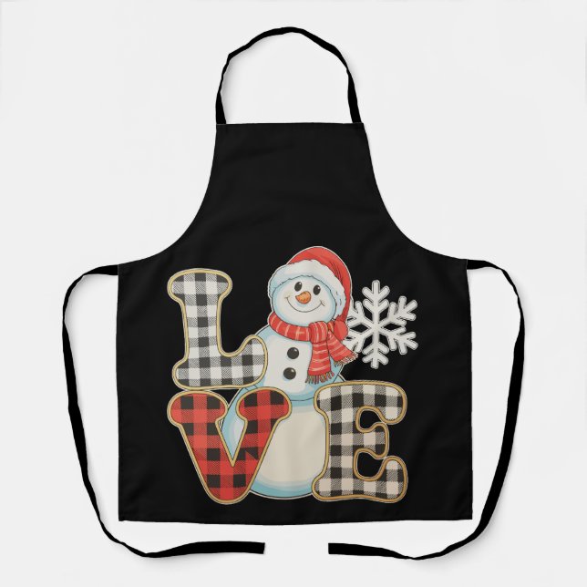 Christmas Love Cute Snowman Buffalo Plaid Winter Apron (Front)