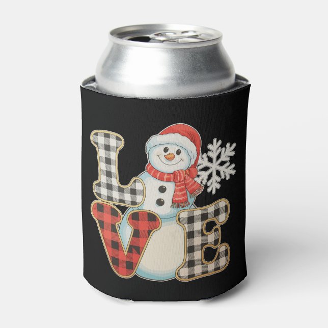 Christmas Love Cute Snowman Buffalo Plaid Winter Can Cooler (Can Front)