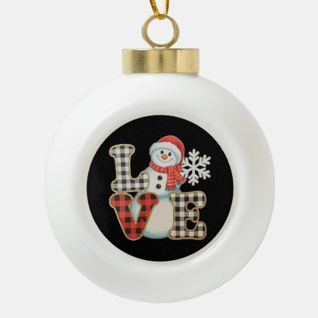 Christmas Love Cute Snowman Buffalo Plaid Winter Ceramic Ball Christmas Ornament (Front)