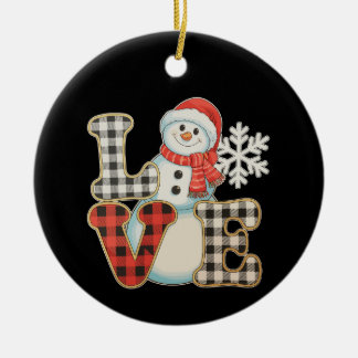 Christmas Love Cute Snowman Buffalo Plaid Winter Ceramic Tree Decoration