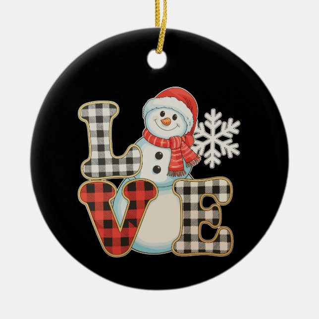 Christmas Love Cute Snowman Buffalo Plaid Winter Ceramic Tree Decoration (Front)
