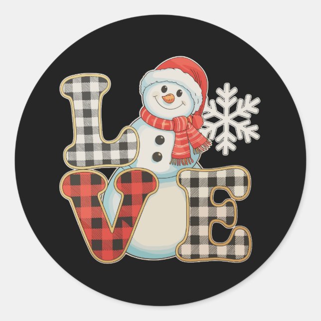 Christmas Love Cute Snowman Buffalo Plaid Winter Classic Round Sticker (Front)
