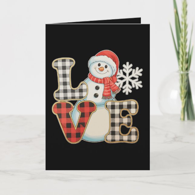 Christmas Love Cute Snowman Buffalo Plaid Winter Holiday Card (Front)