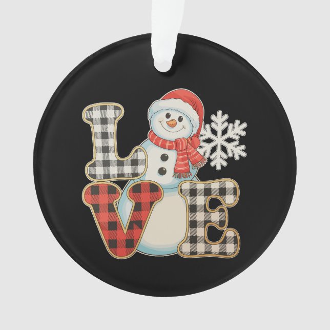 Christmas Love Cute Snowman Buffalo Plaid Winter Ornament (Front)