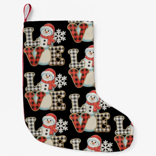 Christmas Love Cute Snowman Buffalo Plaid Winter Small Christmas Stocking (Front)