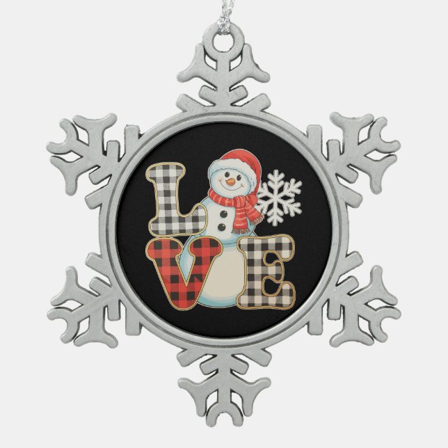 Christmas Love Cute Snowman Buffalo Plaid Winter Snowflake Pewter Christmas Ornament (Front)