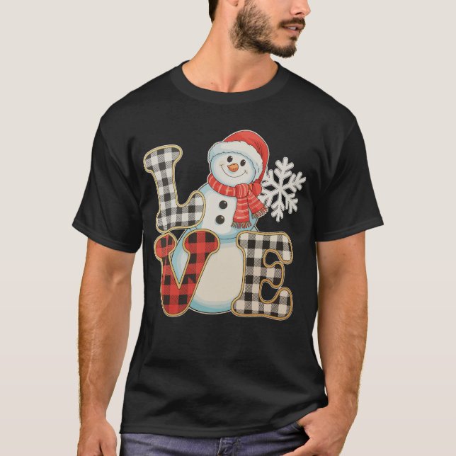 Christmas Love Cute Snowman Buffalo Plaid Winter T-Shirt (Front)