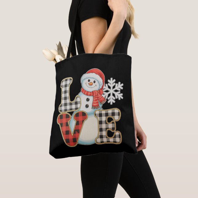 Christmas Love Cute Snowman Buffalo Plaid Winter Tote Bag (Close Up)