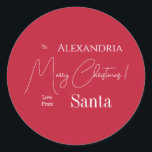 Christmas Love From Santa Red Personalised Classic Round Sticker<br><div class="desc">This is a peresonalized, modern, Merry Christmas, Love from Santa design. It is in festive red and white and has the message, "To Alexandria Merry Christmas! Love From Santa". Ideal for Santa's Christmas gift wrapping, envelope seals or party favours, this festive season. To personalise, simply add your name in the...</div>