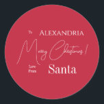 Christmas Love From Santa Red Personalised Classic Round Sticker<br><div class="desc">This is a peresonalized, modern, Merry Christmas, Love from Santa design. It is in festive red and white and has the message, "To Alexandria Merry Christmas! Love From Santa". Ideal for Santa's Christmas gift wrapping, envelope seals or party favours, this festive season. To personalise, simply add your name in the...</div>