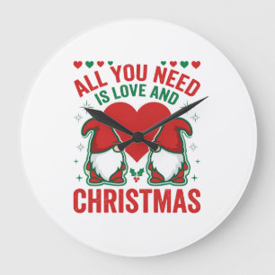 Christmas Love Heart Santa Gnome Design Large Clock