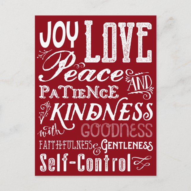 Christmas Love Joy Fruit of the Spirit Typography Holiday Postcard (Front)