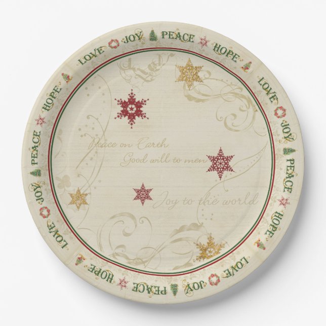 Christmas Love Joy Peace Typography Gold Snowflake Paper Plate (Front)