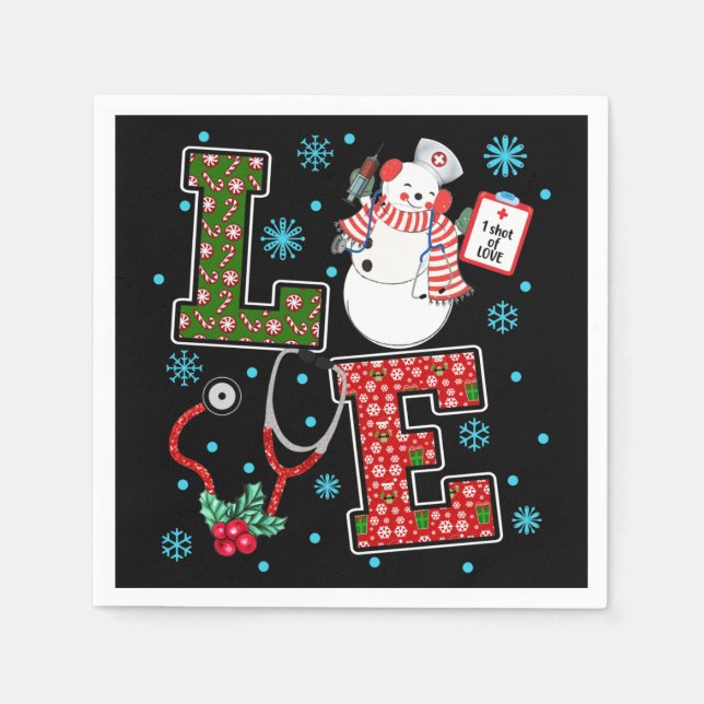 Christmas Love Nurse Cute Medical Snowman Holly Napkin (Front)
