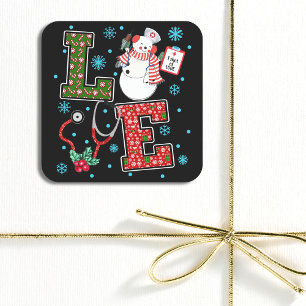 Christmas Love Nurse Cute Medical Snowman Holly Square Sticker