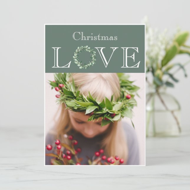 Christmas Love Photo Eucalyptus Wreath Holiday Card (Standing Front)