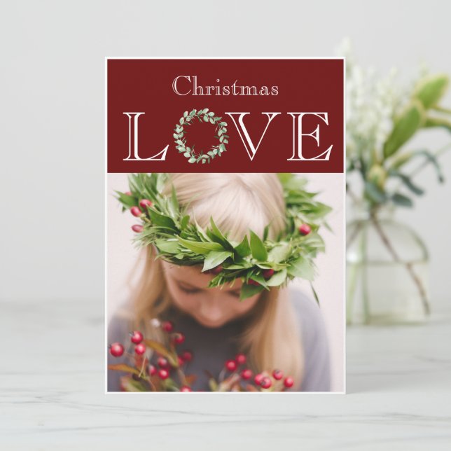 Christmas Love Photo Eucalyptus Wreath Red Holiday Card (Standing Front)