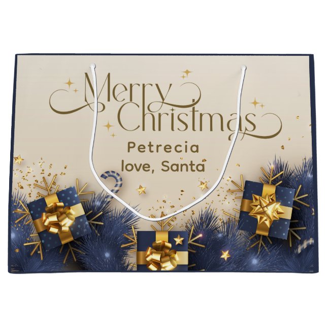 Christmas Love Santa Custom Name blue Large Gift  Bag (Front)