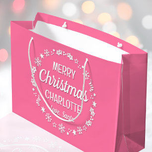 Christmas Love Santa Custom Name Pink Large Gift Bag