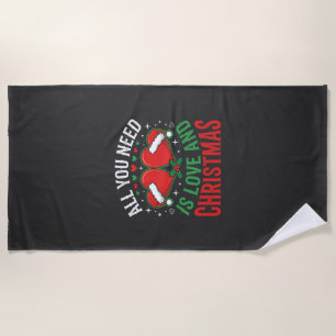 Christmas Love Santa Hat Typography Beach Towel