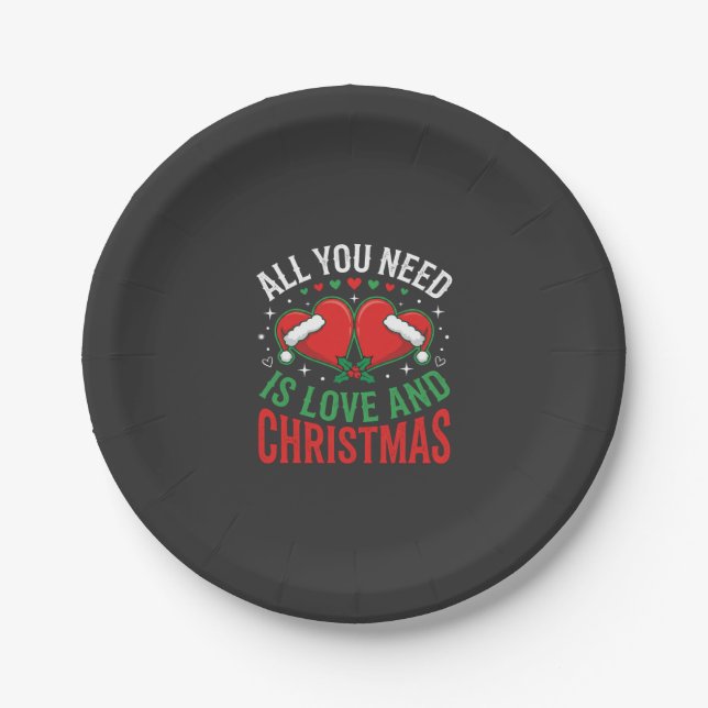 Christmas Love Santa Hat Typography Paper Plate (Front)