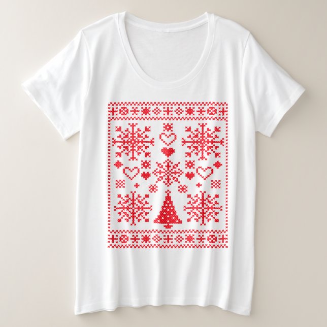 Christmas Lover Cross Pattern Sampler Design Plus Size T-Shirt (Design Front)