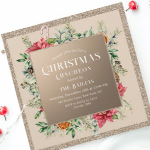 Christmas Luncheon Champagne Glitter Poinsettia Invitation