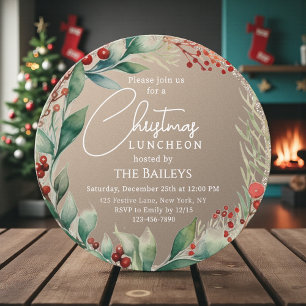 Christmas Luncheon Glitter Winter Floral Wreath Invitation