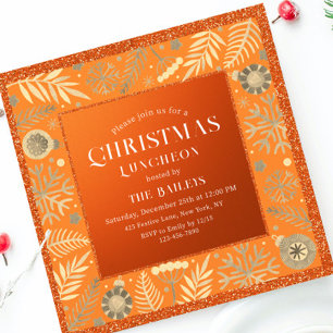 Christmas Luncheon Orange Glitter Ornaments Invitation