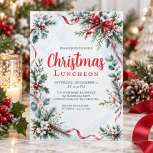 Christmas Luncheon Red Bow Watercolor Greenery Invitation