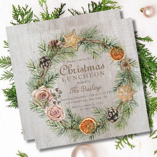 Christmas Luncheon Rustic Pine Rose Wreath Invitation