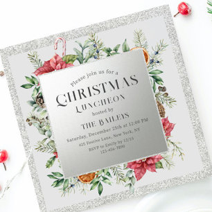 Christmas Luncheon Silver Glitter Winter Floral Invitation